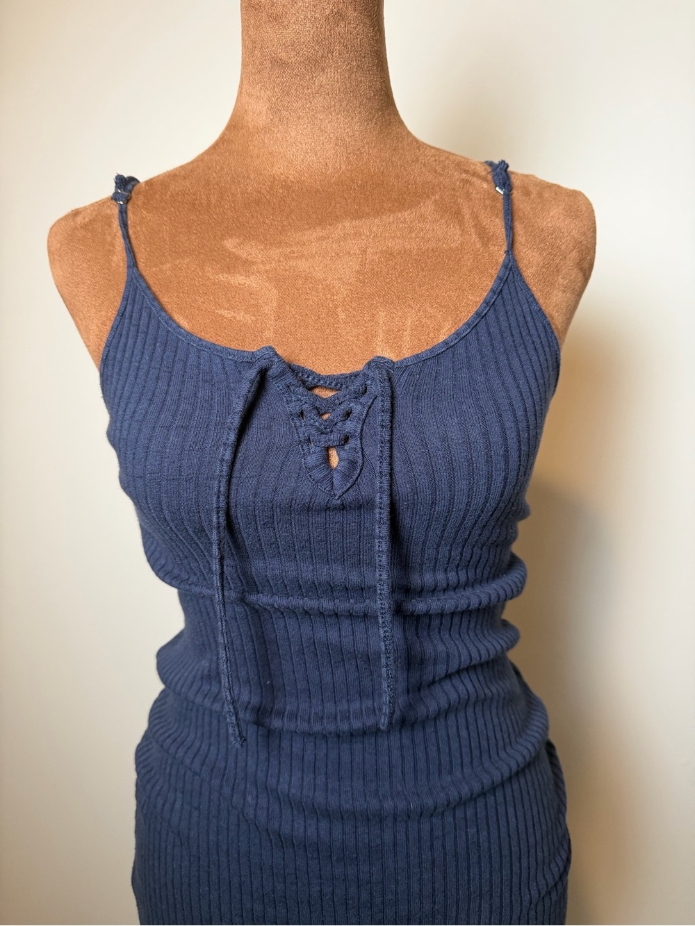 ROXY Navy Ribbed Lace-Up Ribbed Dress
